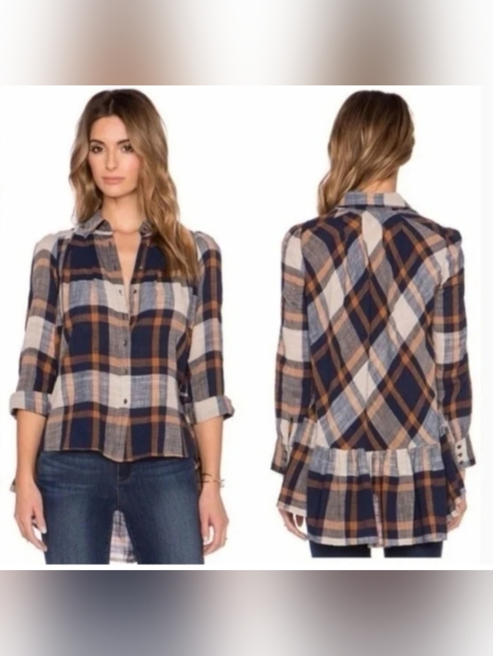 Free People Preppy In Plaid Button Up Ruffle Back Hi Low Blouse Size Size XS